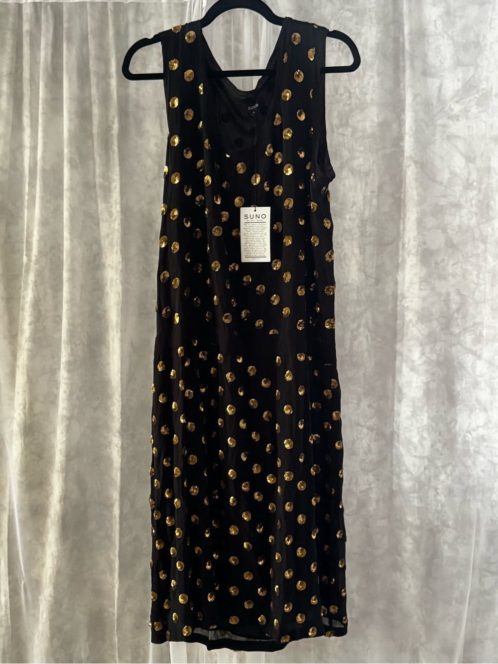 SUNO 100% Silk Black Gold Sequin Dot Midi Dress NWT